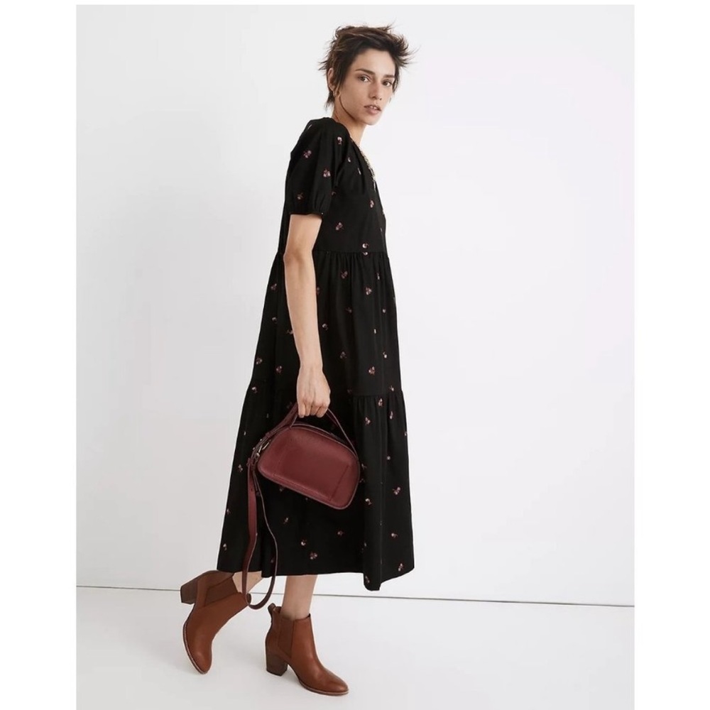 Madewell Black Cattail Tiered Amie Floral Short Sleeve Midi Dress M